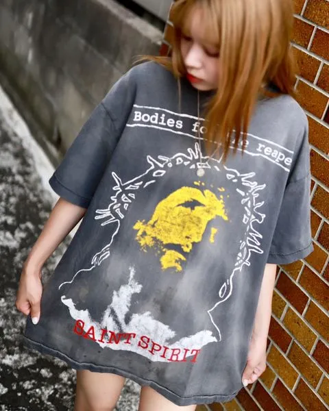 SAINT MICHAEL SS TEE/B FOR REAPER Jesus Hell's Angels Washed and Distressed Short Sleeves Washed Black S-XL Garment Dyed Printed Washed and Distressed